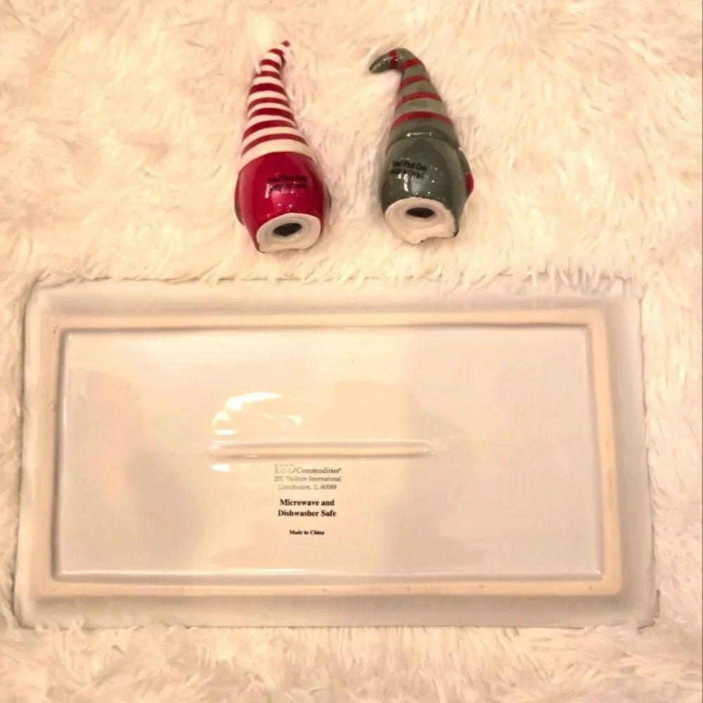 Gnomes Ceramic Serving Tray with Salt and Pepper Shakers NWT